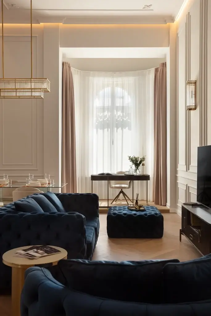 Fotografie de design interior realizată de fotograf profesionist în arhitectură și spații Airbnb – living sofisticat cu mobilier albastru tușat, birou modern, decor clasic și iluminare ambientală, ideal pentru promovarea apartamentelor în regim hotelier și spațiilor rezidențiale premium.